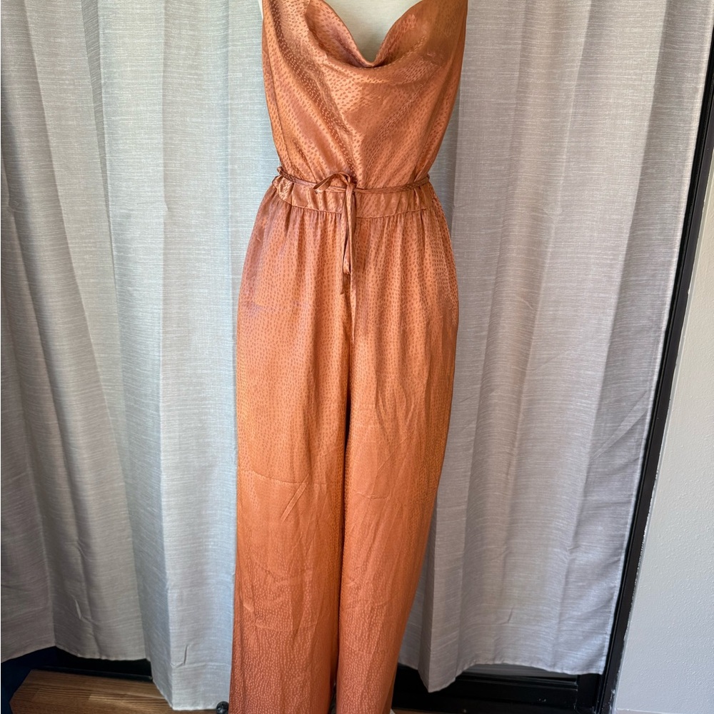 Satin Sassy Patterned Burnt Orange Jumpsuit